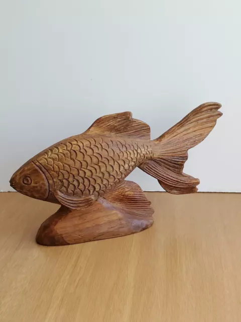Hand Carved Wooden Fish On Mahogany 9×5in.