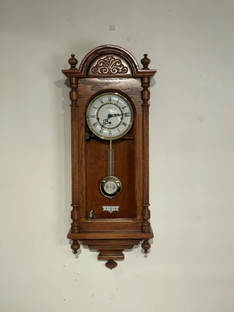 (B1) - Oak Howard Miller Wall Clock - Westminster Chime - 3 Train - With Key