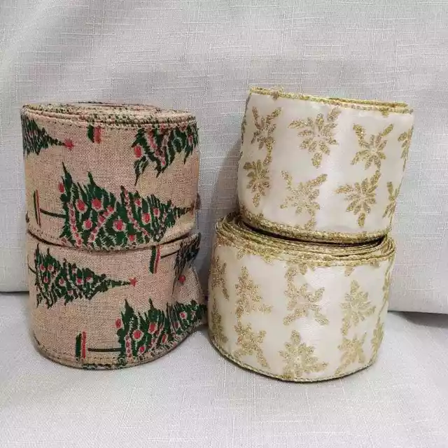 Burlap Wired Holiday Ribbon Bundle Lot of 4 spools. The sizing is- 2.5" x 10 Yds