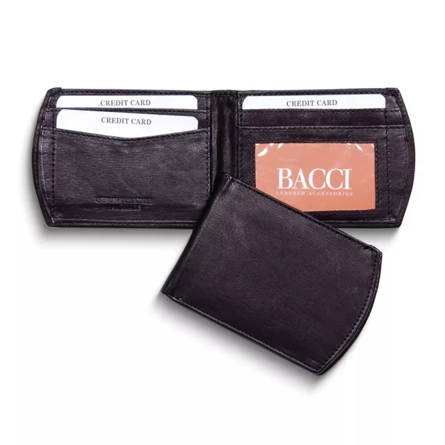 Black Goatskin Leather Super Slim Bi-fold 3-Slot Wallet with ID Window