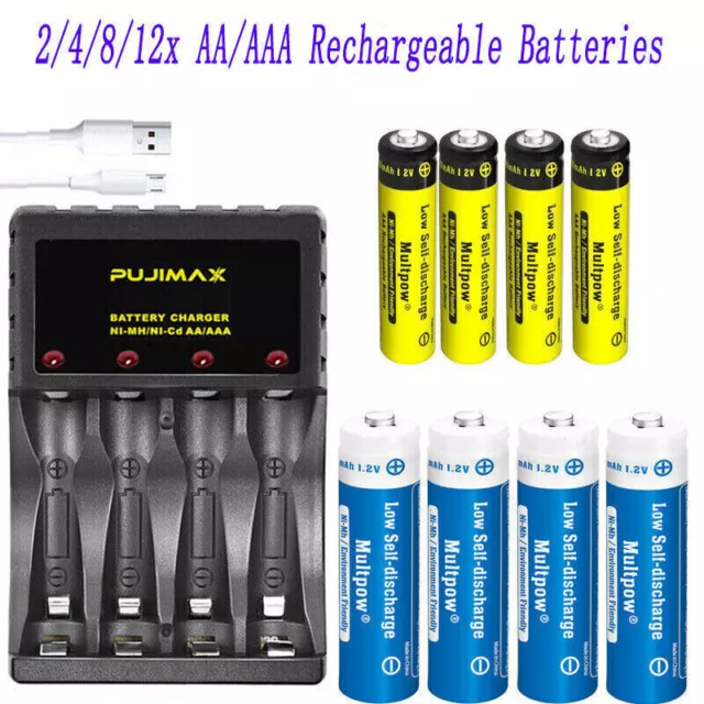 2/4/8/12x AA AAA NiMH Rechargeable Batteries 1.2V 2600mAh/1100mAh Battery+Charge