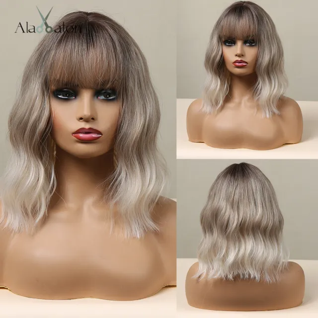 Ash Gray Platinum Blonde Synthetic Wigs with Bangs Short Wave Bob Wig for Women