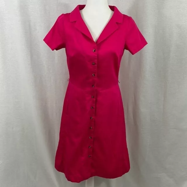 Isaac Mizrahi Hot Pink Short Sleeve Button Down Midi Shirt Dress Womens Size 8