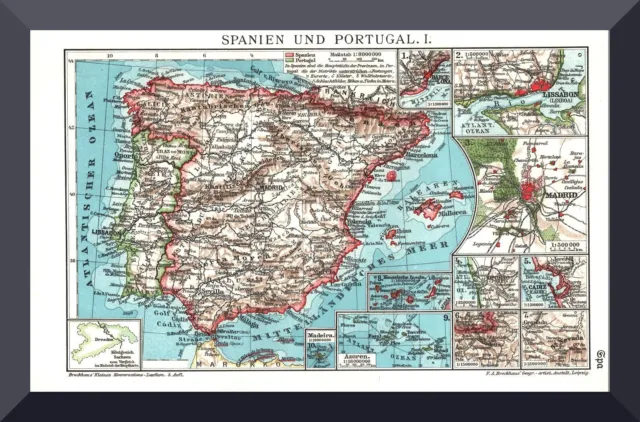 Landkarte +Spanien und Portugal+ 1910 +Iberia, Balearen, Espana, Spain+