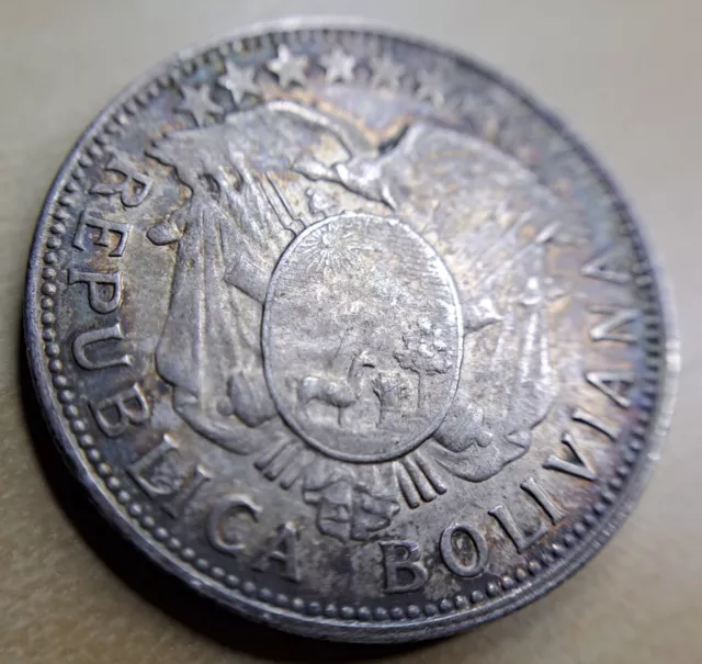 1903 PTS MM BOLIVIA 50 CENTAVOS SILVER Bolivian Republic About Uncirculated AU