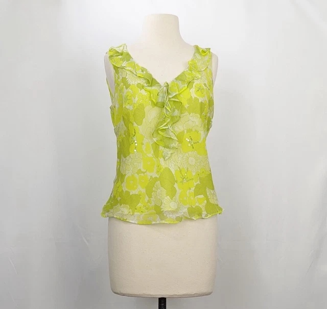 Vintage Y2K Top Green Floral Sequined Silk Ruffled Neckline Misses S New