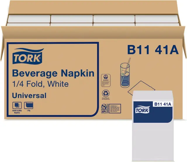 Tork White Beverage Napkin, 1/4 Fold 1-Ply, 9.4" X 9.4", 8 X 500 Napkins, B1141A