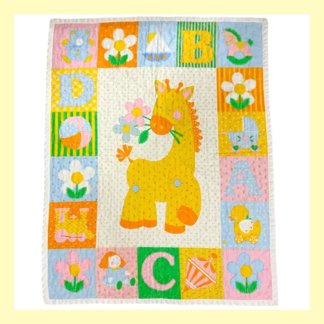❤️Vintage Reversible Baby Crib Quilt Blanket Alphabets Yellow Giraffe 34x44❤️