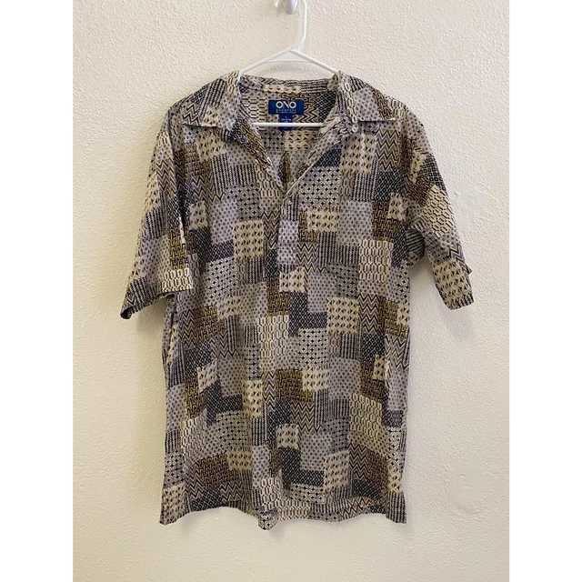 VINTAGE ONO HAWAII by Liberty House 100% cotton brown patchwork mens top size L