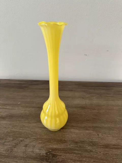 Hand Blown Cased Glass Bud Vase Yellow White Striped 8" Tall Polished Bottom Vtg