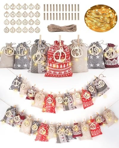 Calendrier De L'Avent à Remplir 2025 - Kit DIY 24 Sachets Velours Avec Cordon Et Pinces, Réutilisable
