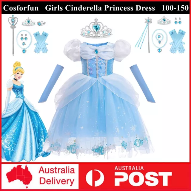 Girls Princess Cinderella Costume Dress Kids Satin Lace Tutu Dress Up Halloween