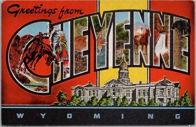 CHEYENNE Wyoming Large Letter Postcard State Capitol View / KROPP Linen c1940s