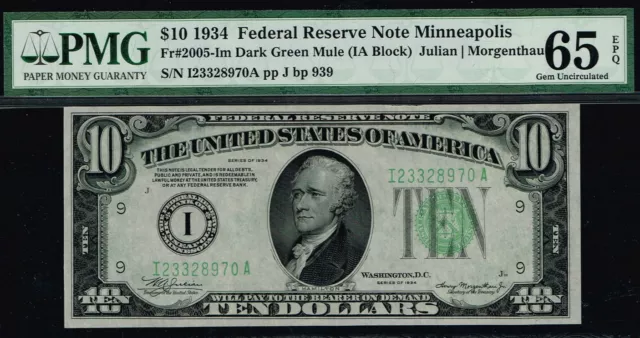RARE MULE. $10 1934 Minneapolis Mule FRN. Fr. 2056-Im. PMG 65 EPQ.
