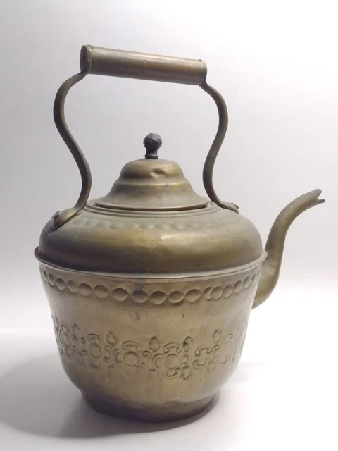 Antique Deposee Hammered Brass Tea Kettle - French Moroccan With Gooseneck Spout