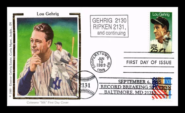 Dr Jim Stamps Us Cover Lou Gehrig Baseball Fdc Dual Cancel Colorano Silk Cachet