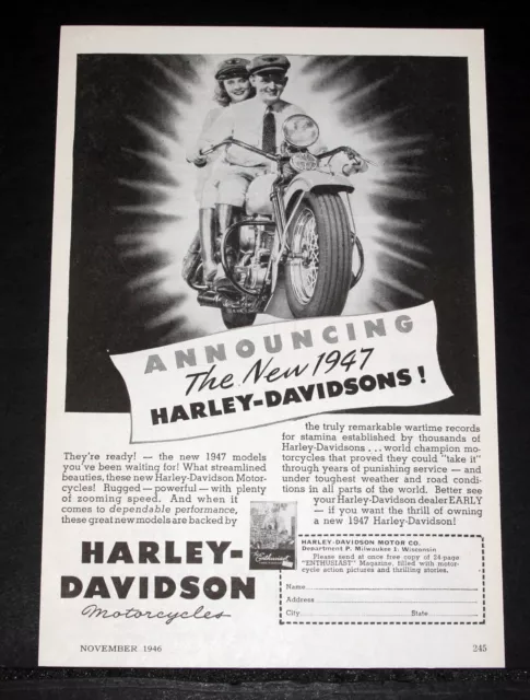 1947 Old Magazine Print Ad, Announcing The New Harley-Davidson, Streamlined!