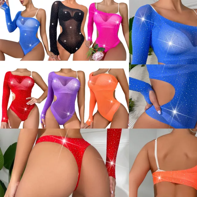 Women's Mesh See Through Leotard Shiny Fishnet Bodysuit Jumpsuit High Cut Romper
