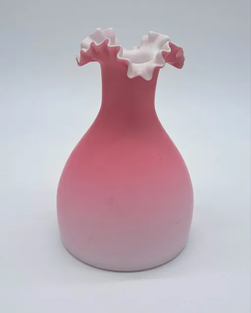 Antique Victorian Mt. Washington Pink ruffled Top Vase Satin Milk Glass Rare