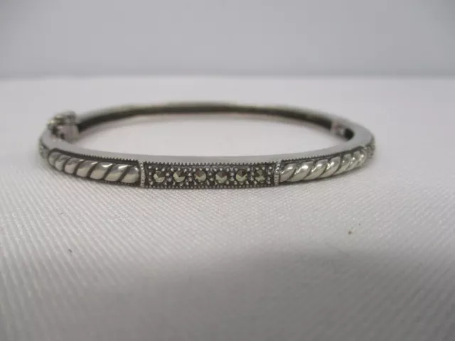 Vintage Signed Judith Jack Sterling Silver Marcasite Hinged Bangle Bracelet