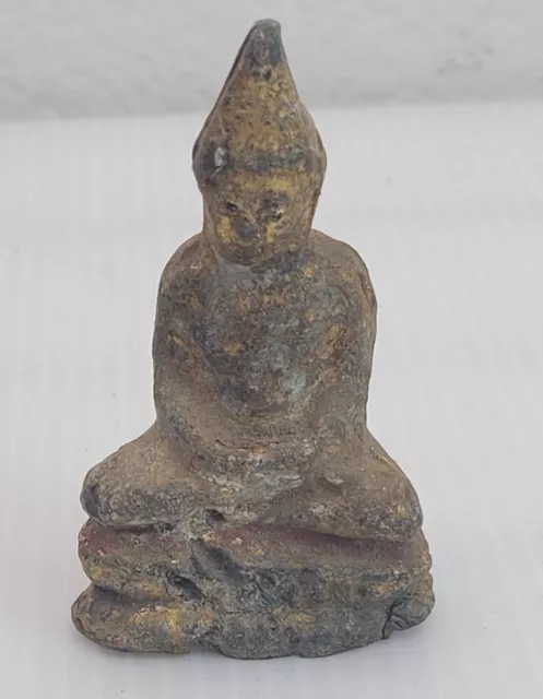Antique 19C Phra Chai Buddha Bronze Figurine 7cm Gold Gilt Laotian Thai Burmese