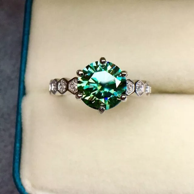 1.55 Carat Round Cut Green Moissanite 925 Sterling Silver Unique Engagement Ring