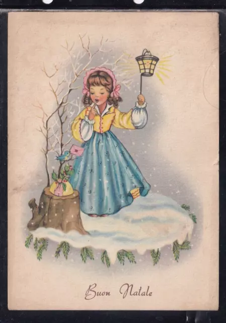 Cartolina Buon Natale Bambina Uccellino con Lettera Z1352