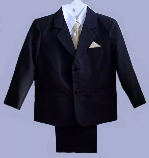 BOYS BLACK WEDDING RING BOY SUIT TUXEDO W/ GOLD VEST SIZE 0 (0 to 12 MONTH)