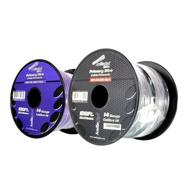 Bote de cable remoto de alimentación a tierra primaria Audiopipe (2) 14ga 100 ft CCA negro/púrpura