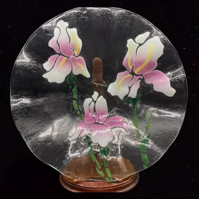 Fine Studio Fused Art Glass Pink Flowers Kali Rali Bowl Dish 9”W 2”T Vintage