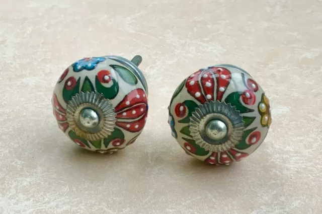 💥2 Vtg Ceramic Boho 💥 Drawer Knobs Cabinet Hardware Hand Painted 💥