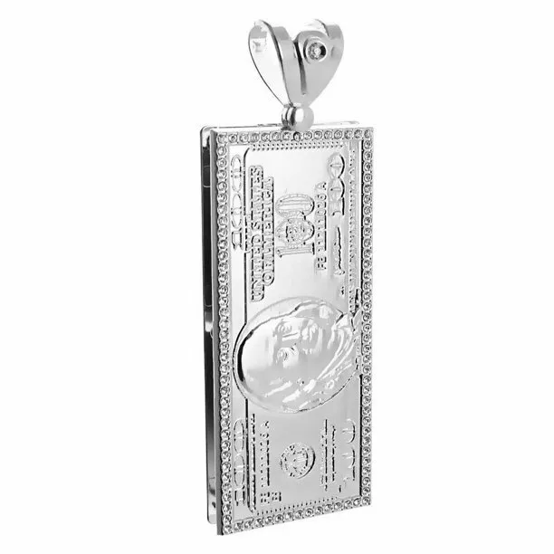 One Hundred Dollar Bill Bling Hip Hop Pendant With 935 Silver & Cubic Zirconia