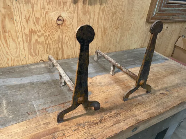 Antique 18th Century Hand Wrought Iron Fireplace Andirons Knob Large 19” H 22”D