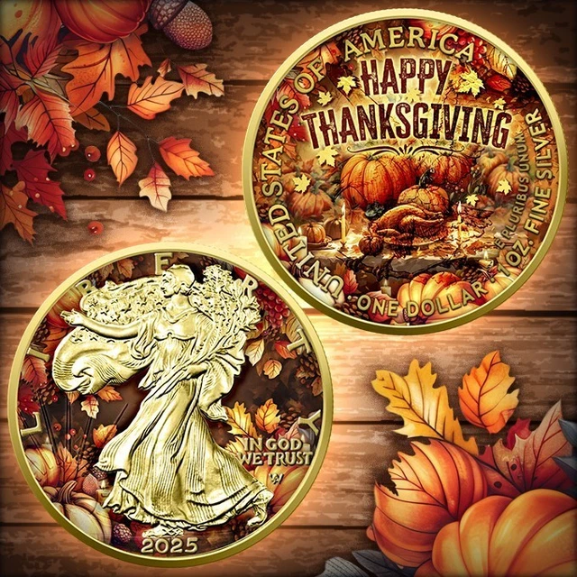 Thanksgiving Silver Rounds 2025 AMERICAN SILVER Eagle 1 oz silver Happy Thanksgiving Colored ...