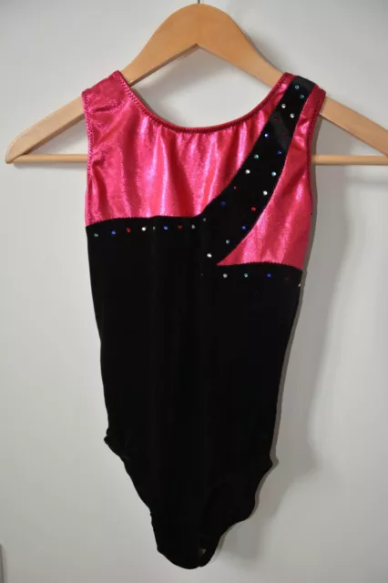 Pink black sparkly velour 6-8 years 28"Sleeveless rhinestone gymnastics leotard