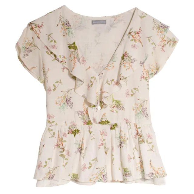 Dorothy Perkins Cream Floral Blouse Peplum Short Sleeve Button Front V-Neck