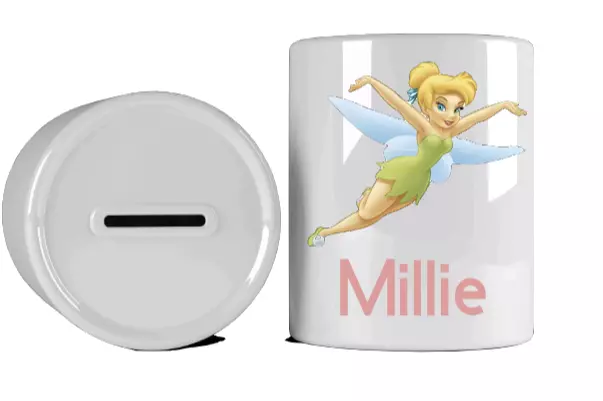 Childrens Personalised Girls Fairy Tinkerbell Money Box Piggy Bank Gift Present