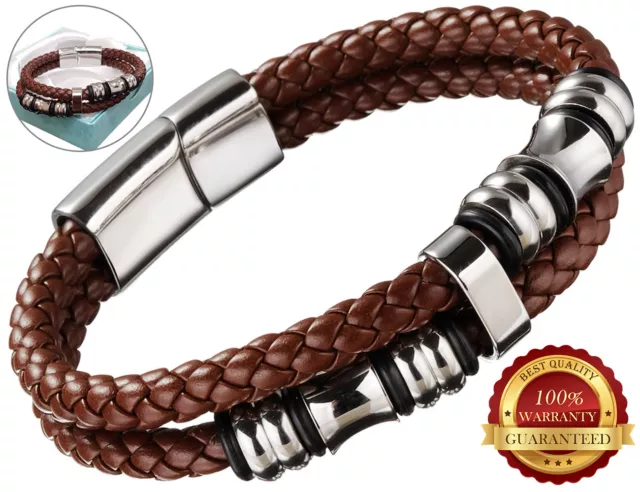 Faux Leather Surfer Bracelet Wristband Mens Braided Wrap Titanium Steel Cuff