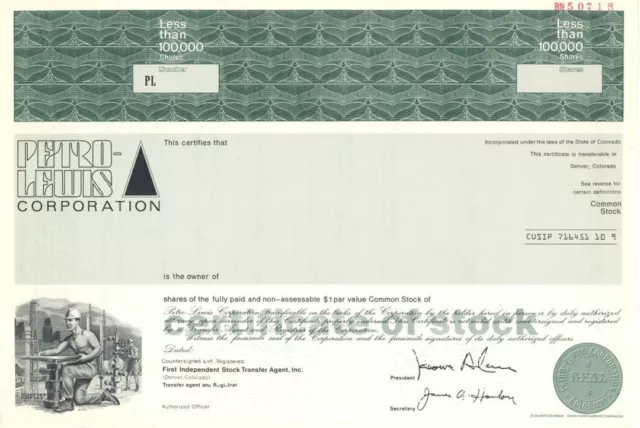 Petro-Lewis Corp. - Specimen Stock Certificate - Specimen Stocks & Bonds