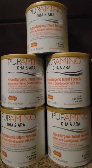 5 cans of Puramino DHA & ARA Hypoallergenic Infant Formula (14.1 oz each).