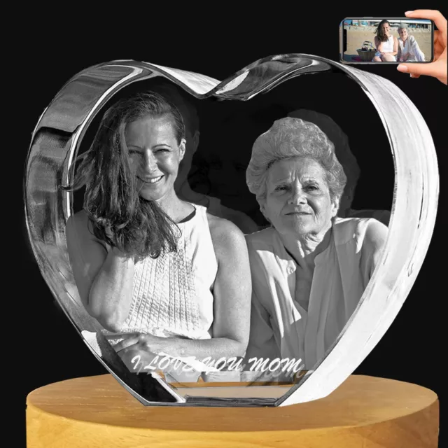 Personalized 3D Photo Crystal Custom Heart Mothers Day Gift Laser Etched Picture