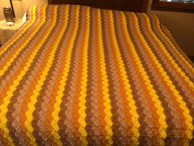 Vtg Crochet Throw Bed Spread large queen Afghan 97X66 Brown Yellow Handmade