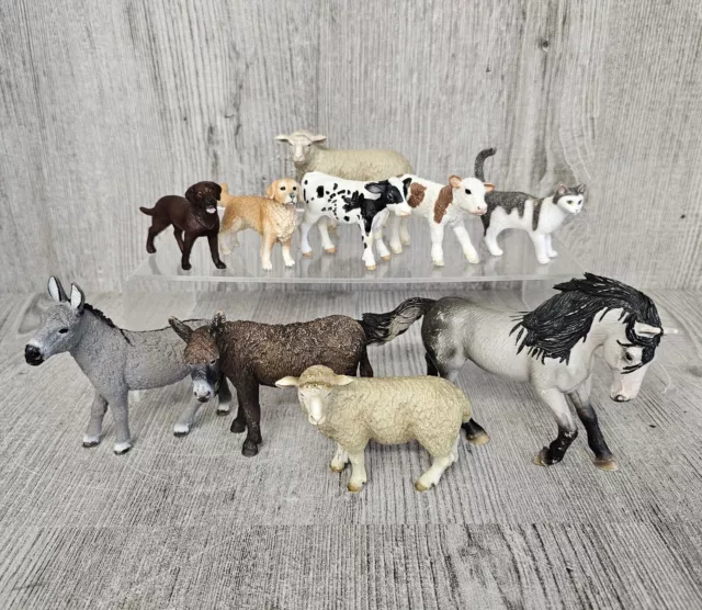 Schleich Farm Animal Figures Bundle X10 - Dogs, Cat, Donkeys, Sheep, Calves, Hor