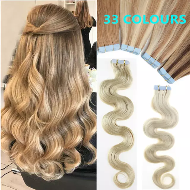 18" 7A Tape In Wavy & Curly Russian Remy Human Hair Extensions Thick Skin Weft