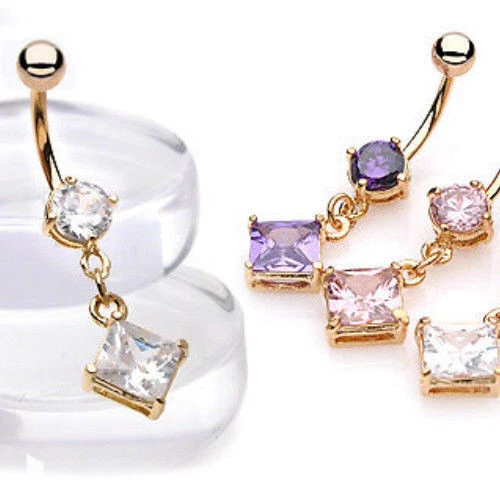 Gold Plated Diamond-Shaped Dangle Gem Belly Ring Navel Naval