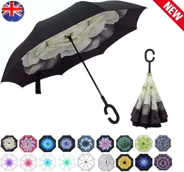 Windproof Upside Down Reverse Umbrella Double Layer Inside-Out Inverted C-Handle