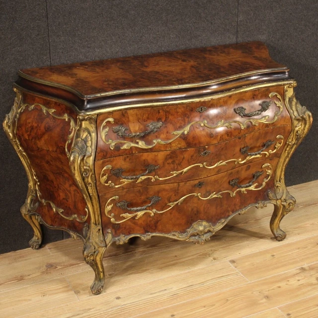 Comò veneziano legno radica dorato 3 cassetti stile antico mobile XX secolo 900