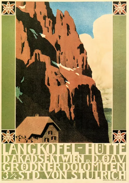 Langkofel Hütte Dolomiten Grödner Wien Barth Gebirge Kunstdruck Werbung 143