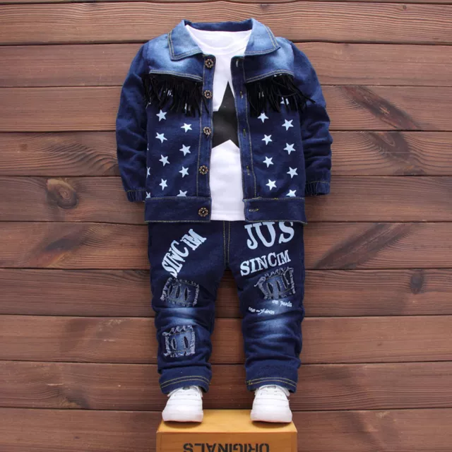 Infant Baby Kid Girl Boy Letter Demin Coat+Shirt+Pants 3PC Outfit Set Clothes z丨