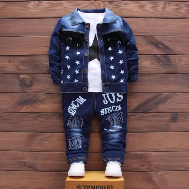 Infant Baby Kid Girl Boy Letter Demin Coat+Shirt+Pants 3PC Outfit Set Clothes